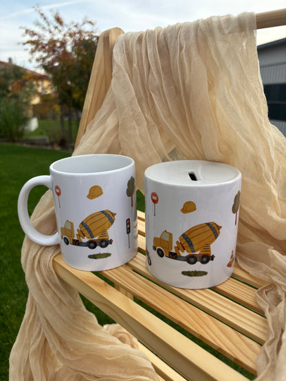 Tasse / Spardose Betonmischer, Bagger, Feuerwehrauto (Wimmelprodukt)