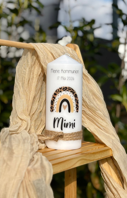 Personalisierte Kommunionkerze „Leo-Regenbogen"