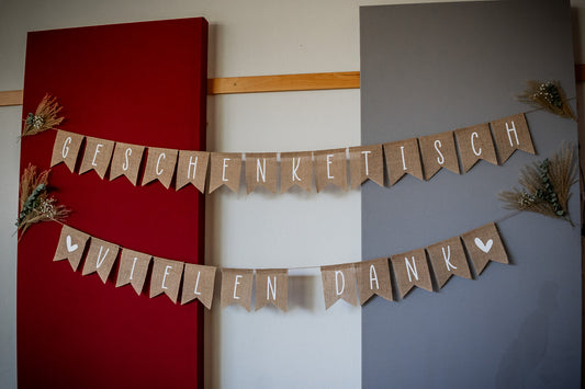 Jute Wimpel-Girlande "Geschenketisch & "Vielen Dank"(2er Set)