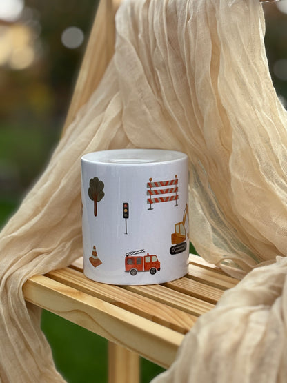 Tasse / Spardose Betonmischer, Bagger, Feuerwehrauto (Wimmelprodukt)