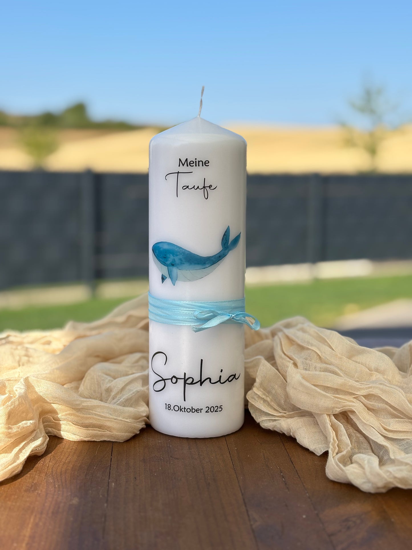 Taufkerze Wal (Illustration von Susanne Reimann)