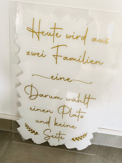 Schild „Heute wird aus zwei Familien eine. Darum wählt einen Platz und keine Seite“